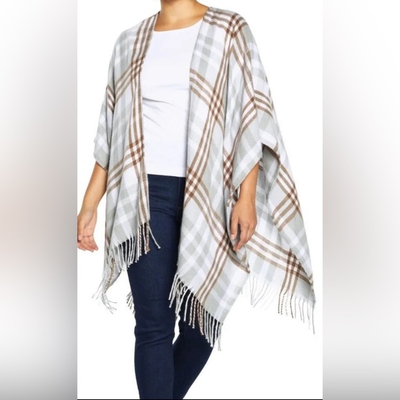 Three Dots Cashmere Blend Wrap Fringe One Size LOUSIA PLAID GREY - Picture 1 of 12